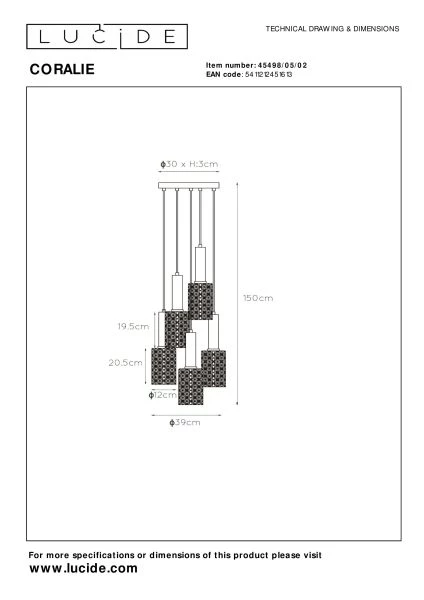 Lucide CORALIE - Hanglamp - Ø 30 cm - 5xE27 - Mat Goud / Messing - technisch